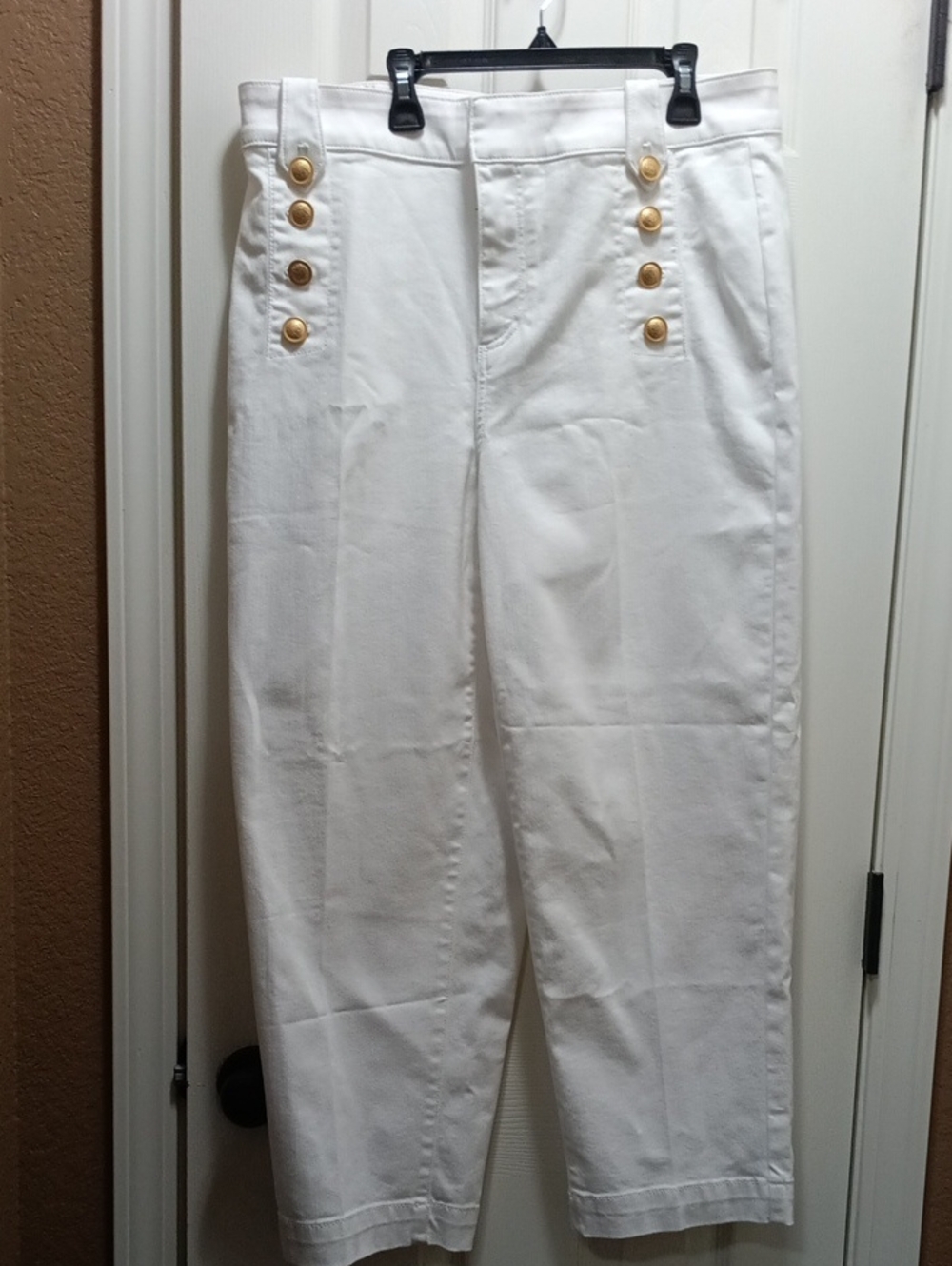 Talbots White Sailor-Style Cropped Jeans with Gold Buttons